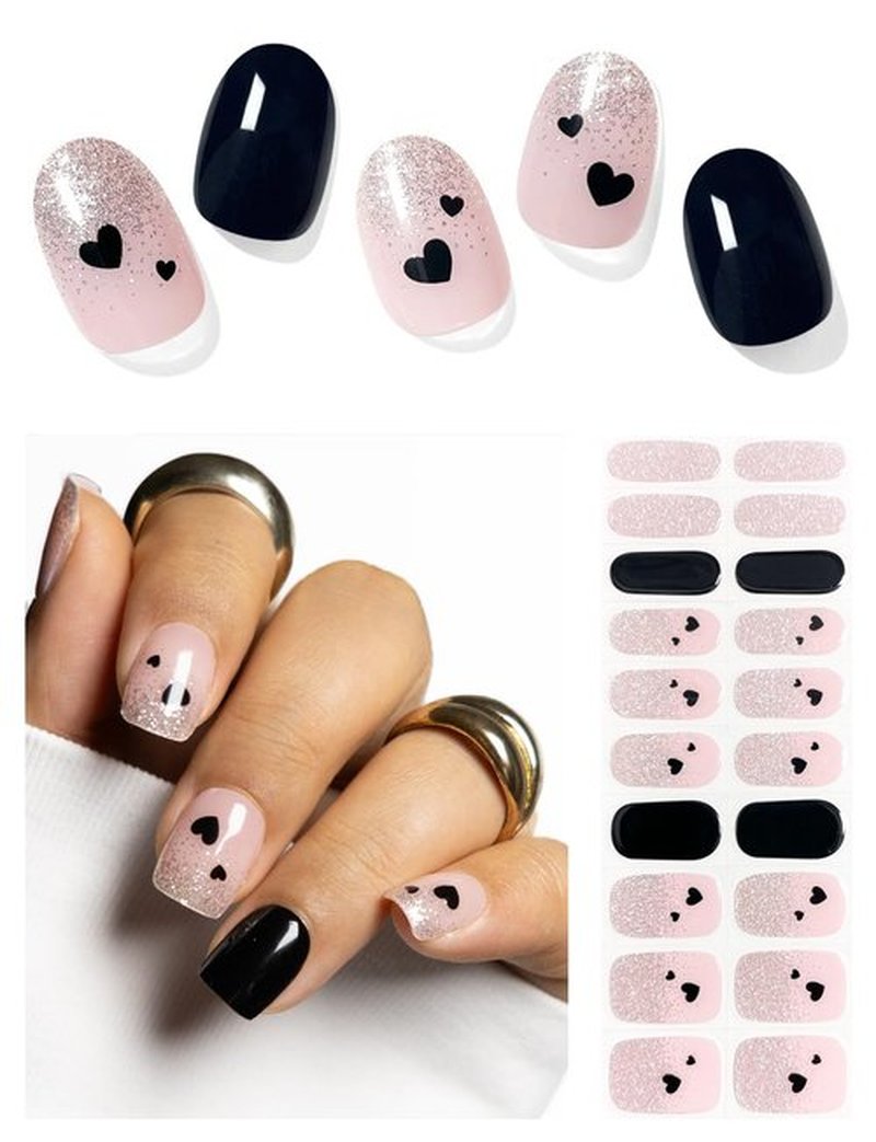 AutyaMee Semi Cured Gel Nail Strips (Black Love Heart), 20 Pcs Gel Nail Wraps, Stickers, UV Light Required, Salon Quality, Long Lasting, Valentines Day Gift