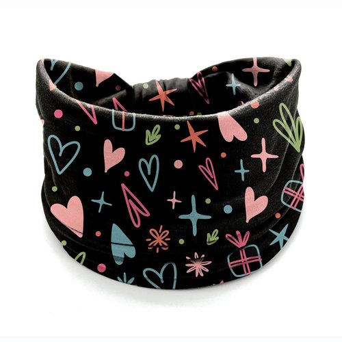 4 Pcs Valentine's Day Headbands for Women, Black White Wide Turban Dress Up Costume Breathable Stretchy Non Slip Head Wrap, Love Heart Pattern Holiday Fall Winter Hair Band for Yoga Running Party