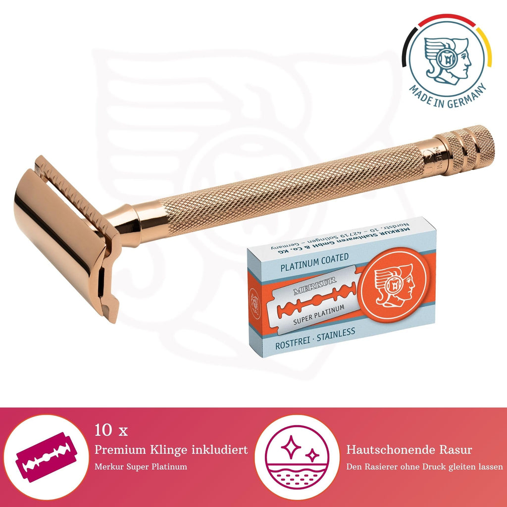 MERKUR 24G Safety Razor For Women with 10 Double Edge Blades | Extra Long Handle | Three-piece Razor | Straight Cut | Rose Gold Finish | Made in Germany