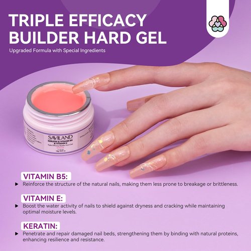 SAVILAND Builder Nail Gel Set with Nail Drill - 3 Pcs Hard Gels(VE&VB5&Kerain) Clear Pink Nudes Builder Nails Gel with Lamp Brush Nails Strengthener Gels for Extension Shaping DIY at Home Salon