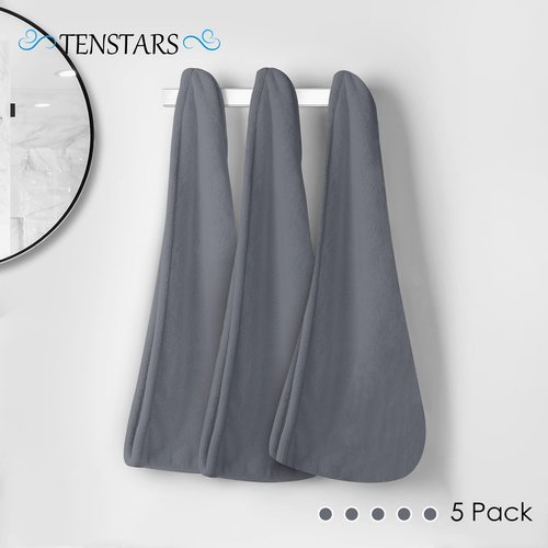 TENSTARS 5 Pack Thicken Microfiber Hair Towel Wrap for Women - Elastic Loop Design - 320GSM Coral Velvet - Quick Dry Hair Turban - 11x28 Inch (Dark Grey)