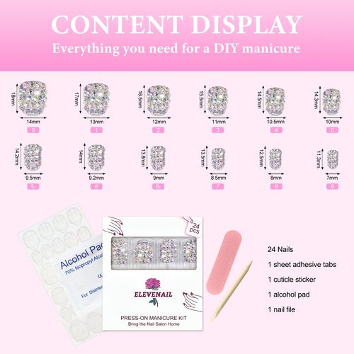 Elevenail 24pcs Handmade 3D Rhinestones Press On Nails Square Short Nails Women Girls Gifts Salon Manicure Shiny Crystal Nail Art Tips Fake Nails Reusable Acrylic False Nails