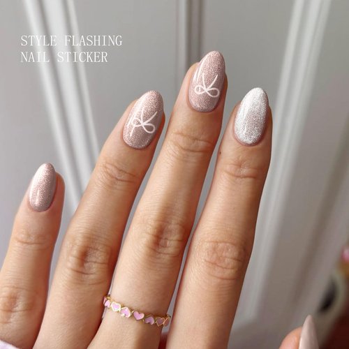 JMEOWIO Gel Nail Stickers Bow Cat Eyes Semi Cured Gel Nail Strips Wraps UV/LED Nails Art Design Decoration Accessories