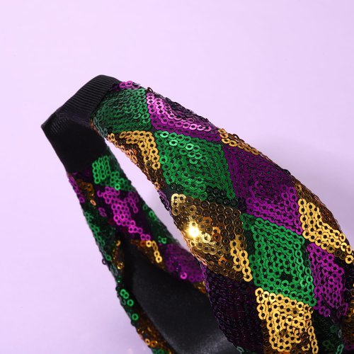 HSWE Mardi Gras Headband for Women Glitter Purple Green Yellow Sequin Top Knot Hairband Funny Carnival Parade Party Gift for Sister Mom Bestie
