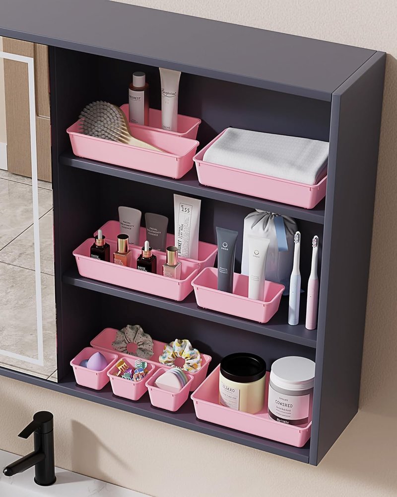 BiuLeon 25 PCS Plastic Drawer Organizers Set - Versatile Vanity & Makeup Storage | Pink, 4 Sizes