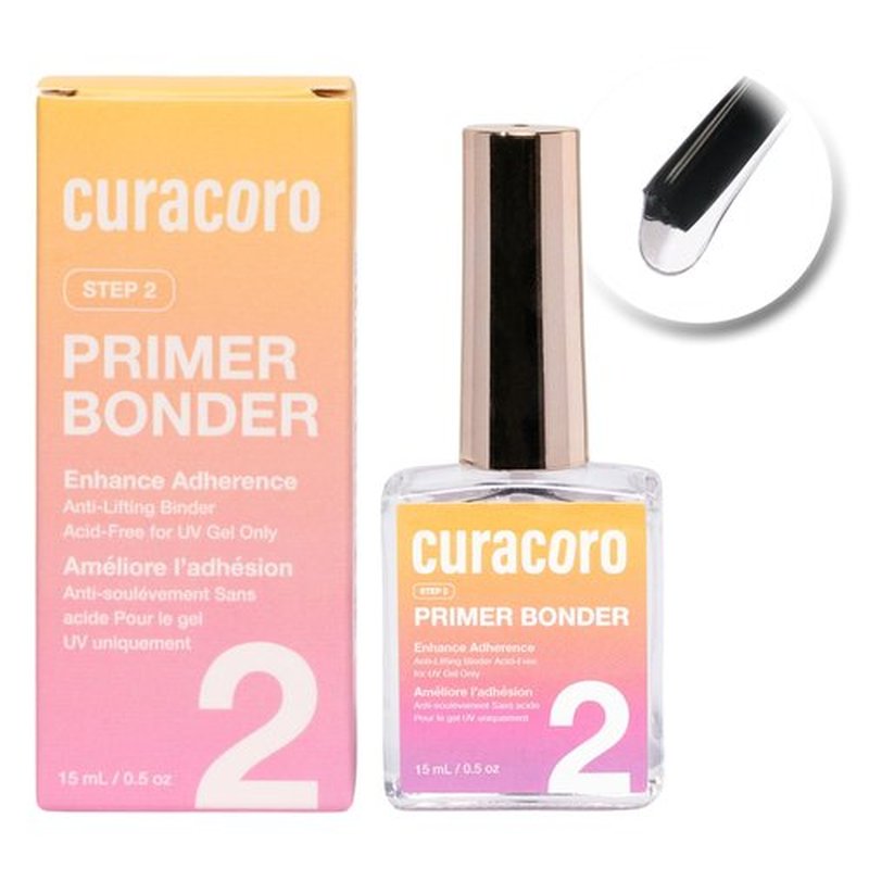CURACORO Nail Primer Bonder - 15ml Clear Glossy Nail Primer for Gel Polish & Acrylic, Fast Air-Drying, No Yellowing No Burn Long-Lasting Adhesion