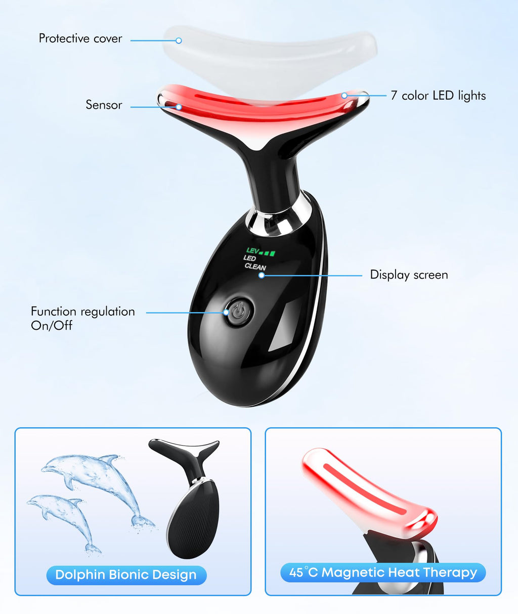 SDKWDH Red-Light-Therapy-for-Face-and-Neck, 7 Color Face Massager Tool for Wrinkles, Double Chin, Vibrating Facial Massager with Thermals for Skin Care, Glossy Black