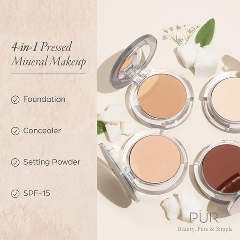 PÜR MINERALS 4-in-1 Pressed Mineral Makeup Powder Foundation with SPF 15 | Buildable Coverage Compact