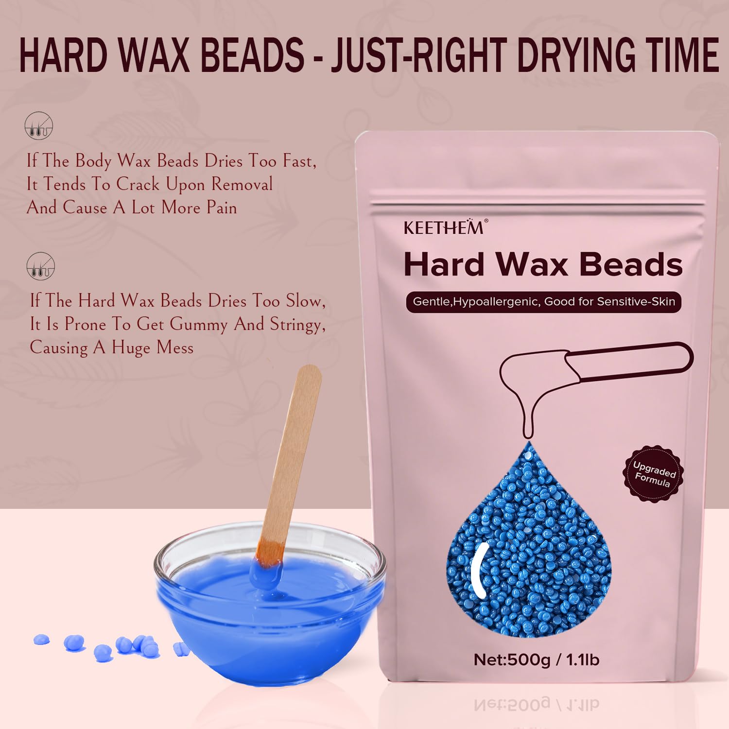 Keethem Hair Removal Wax, 1.1lb/17.6oz Waxing Beads for Sensitive Skin, Full Body Hard Wax Beans with 20 Wax Sticks for Women Men Bikini Brazilian, Armpit, Back and Chest Waxing