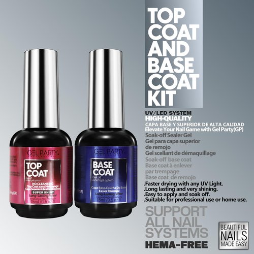 GELPARTY Gel Top Coat & Base Coat Set 2x15ml – No Wipe, HEMA-Free, Long-Lasting UV/LED Soak-Off Gel Nail Polish Kit, High Gloss Shine, Strong Adhesion, Chip-Resistant, Salon & DIY Manicure Essentials