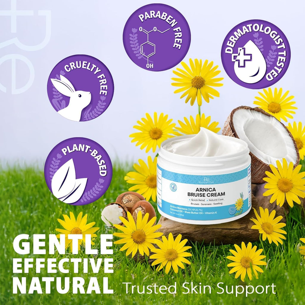 Recuren Plus Arnica Bruise Cream Extra Strength: Rapid Relief for Bruising Swelling Soreness Pain on Thin Skin - Potent Arnica Montana with Vitamin K Coconut Shea Butter - Face & Body