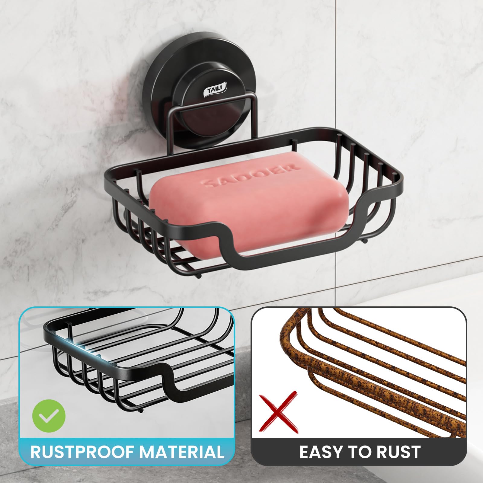 TAILI Soap Holder Dish Suction Cup, Soap Dish for Shower, Suction Bar Soap Holder for Bathroom, Rustproof Stainless Steel Drainable Bath Soap Dish Black
