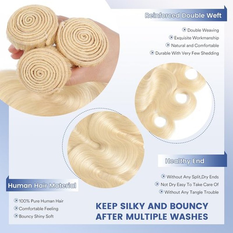 613 Blonde Bundles Human Hair Body Wave 24 inch, 16A Quick Weave Bundles Human Hair Sew in Extensions 100% Real Human Hair No Synthetic Blend, Double Weft, Triple Lifespan 3X, Can Be Dyed