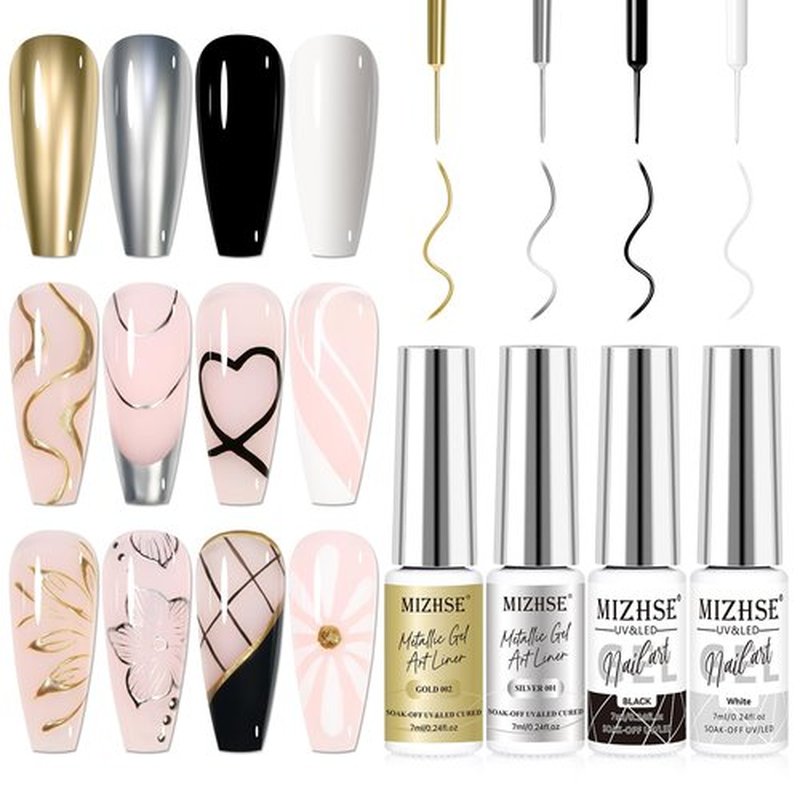 MIZHSE Metallic Gel Liner Nail Art - Gold Silver 4 Colors, 3D Mirror Gel Painted Spider Drawing Line, Glossy Painting Swirl French Chrome Effect Nail Design Soak off Manicure Set