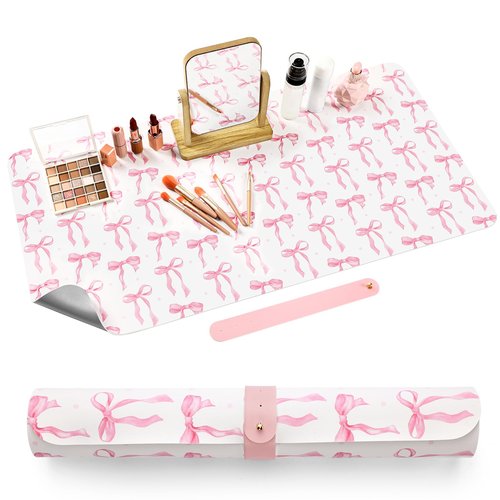 Teenyyou Coquette Bow Makeup Mat for Vanity Top Protector, Valentine Dual Sided Leather Vanity Waterproof Desk Pad Dressing Mat Nonstick Gifts for Women Home Office Decor(Pink,15.7" X 31.5")