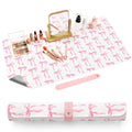 Teenyyou Coquette Bow Makeup Mat for Vanity Top Protector, Valentine Dual Sided Leather Vanity Waterproof Desk Pad Dressing Mat Nonstick Gifts for Women Home Office Decor(Pink,15.7" X 31.5")