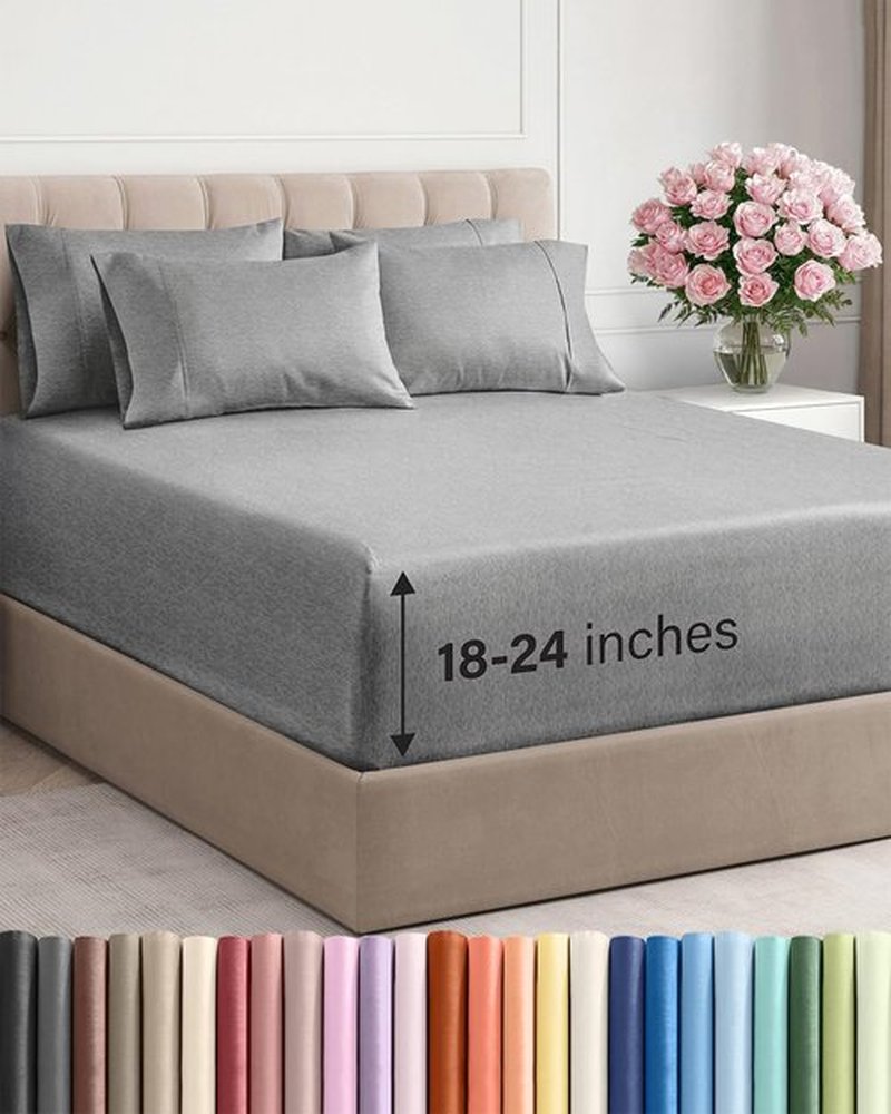 Skiennix Extra Deep Full Sheet Set - 6-Piece Breathable Cooling Bedding - Soft, Wrinkle-Free, Heathered Grey