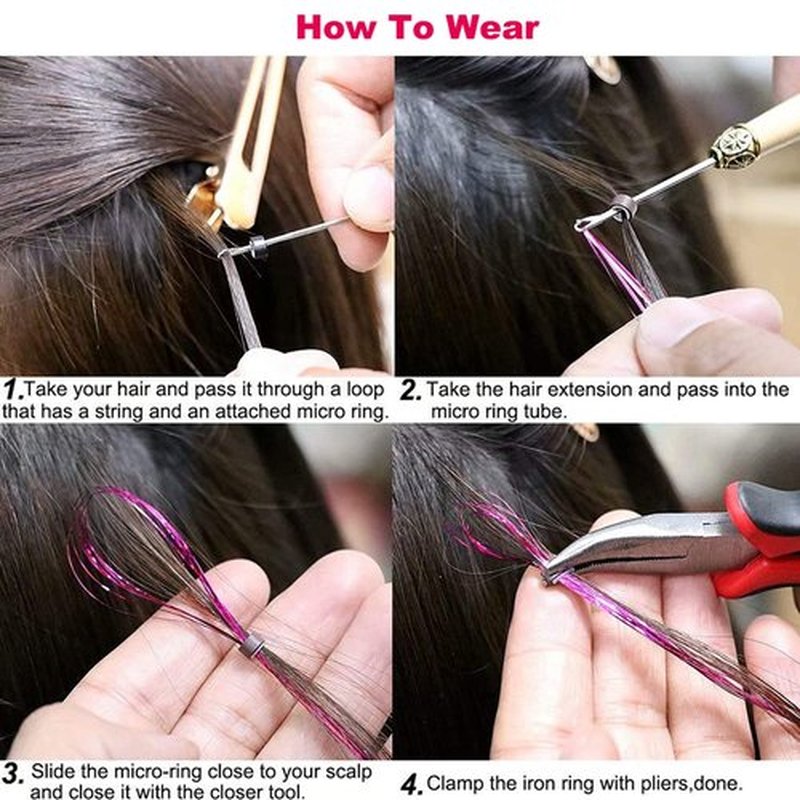 Black Hair Tinsel Kit with Tool 6pcs 1200 Strands Glitter Tinsel Hair Extensions Heat Resistant Sparkling Shiny Fairy Hair Accessories for Women Girls Kids 47Inch