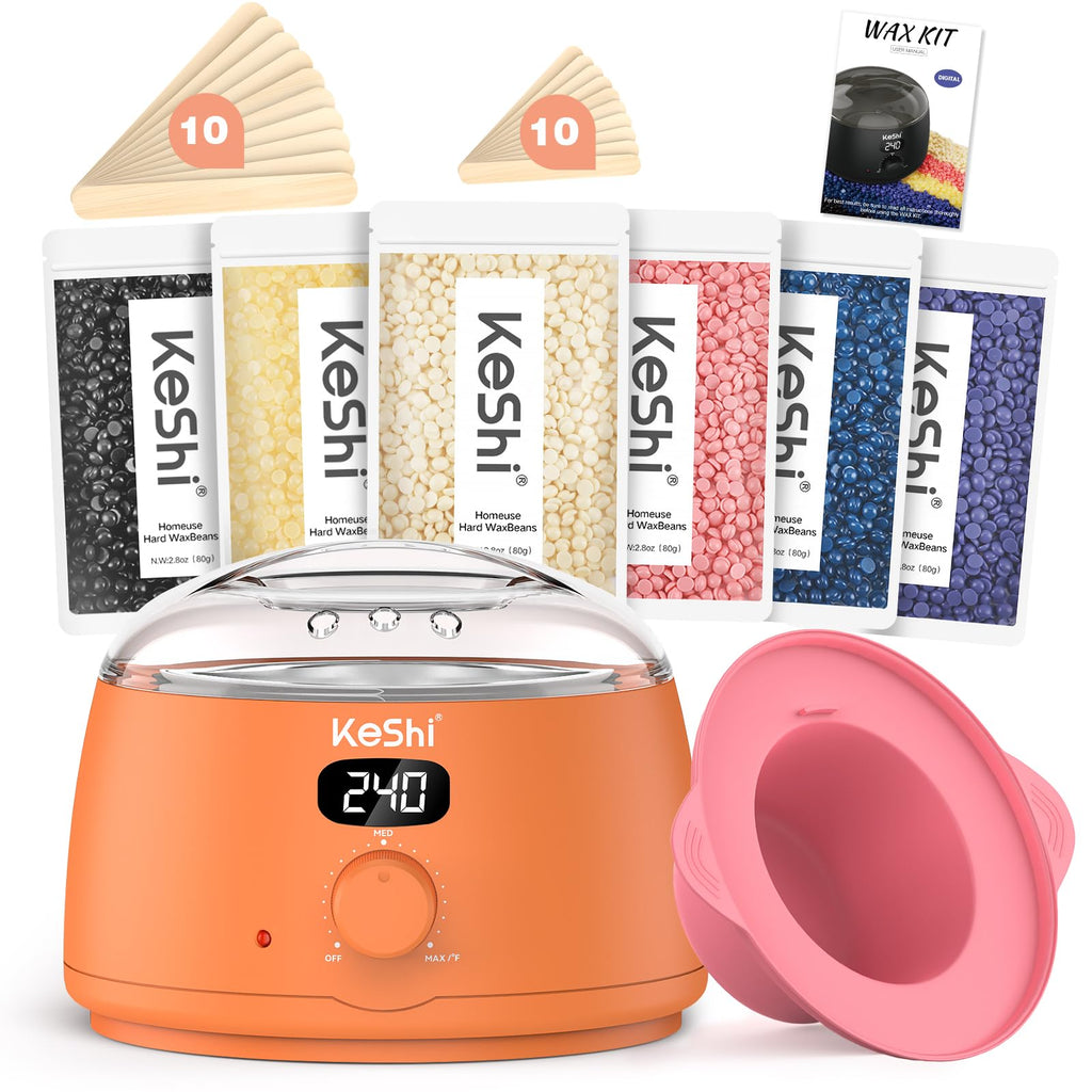 KeShi Waxing Kit for Women and Men, Digital Wax Warmer with 6 Bags Hard Wax Beads, at-Home Hair Removal Wax Kit for Full Body, Face, Eyebrow, Bikini, Legs, Brazilian & Sensitive Skin(Vital Orange)