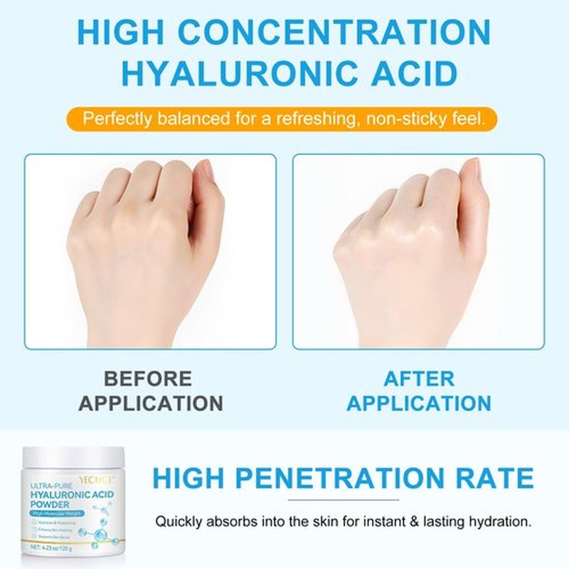 Hyaluronic Acid Powder for Face - High Purity, Water-Soluble Hydrating Powder for DIY Serum, Moisturizer, Skin Care Routine - Deep Moisture, Fine Lines, Anti-Aging Support 120G