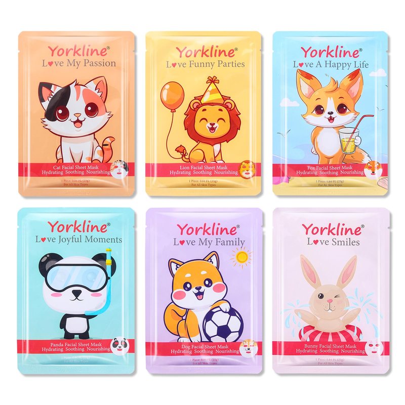 Yorkline Animal Facial Mask Sheet Skincare for Adults and Children, Facial Mask Sheet for Present, Spa Party, Birthday Party, Holiday, Made with Cotton (6 Pieces)