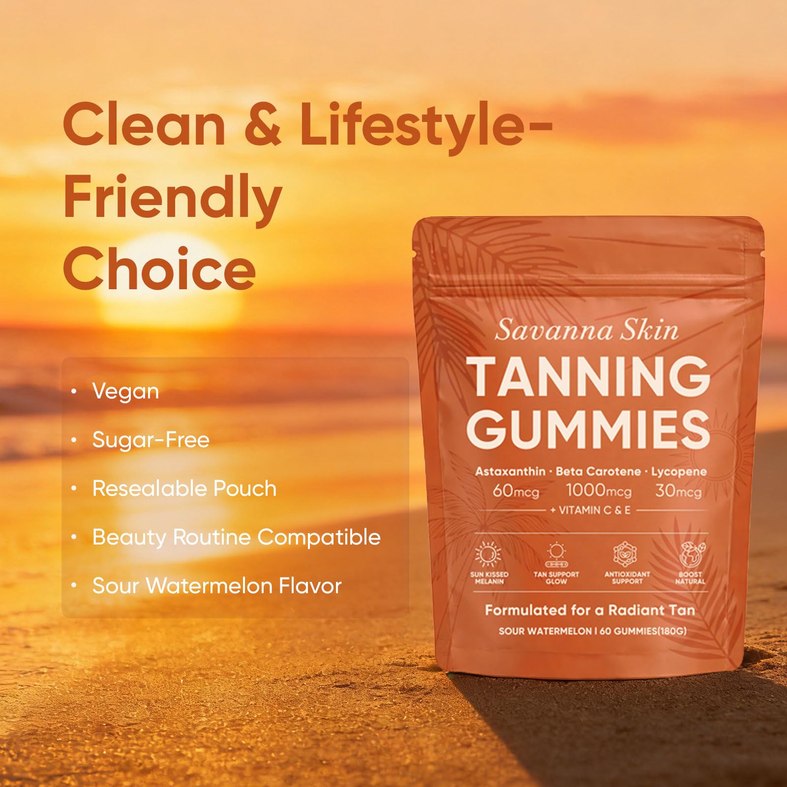 Boaccy Savanna Skin Tanning Gummies, Astaxanthin, Beta Carotene & Lycopene Blend with Vitamins C & E, Radiant Healthy Skin, Sour Watermelon Flavor, Vegan & Sugar-Free, 60 Count