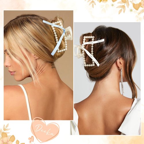 8 Pack Pearl Bride Hair Clips with White and Blue Ribbon Bachelorette Gifts for Bridesmaid Large Bridesmaid Hair Accessories for Wedding Party Favors (White&Blue)