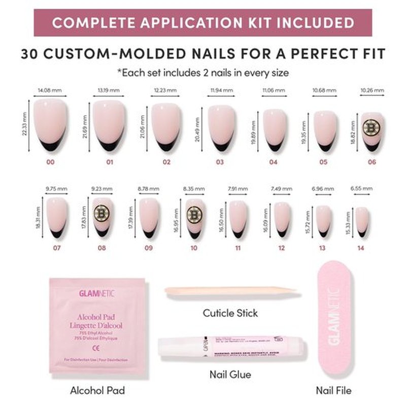Glamnetic x Fanatics Press On Nails - Boston Bruins | Short Almond Fake Nails, NHL Bruins Black French Tips, Hockey Nails, Salon-Quality | 15 Sizes - 30 Nail Kit with Glue