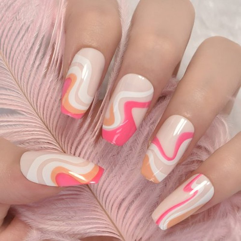 Pink Orange White Swirls, Medium Coffin Fake Nails, Glossy Design Nails Art Acrylic Full Cover Fake Nails, Women Girls Gift False Nails, Nails Stickers, Daily Date Festival Faux Ongles 24 pcs/kit