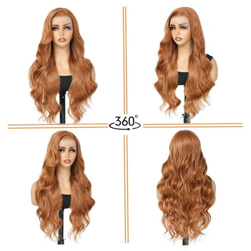 LuxeMelan Long Ginger Lace Front Wigs for Women 13x4 HD Lace Front Layered Loose Wavy Pre Plucked Tiny Knots M Natural Hairline 26 Inch Synthetic Reddish Brown Copper Blonde Lace Front Wig