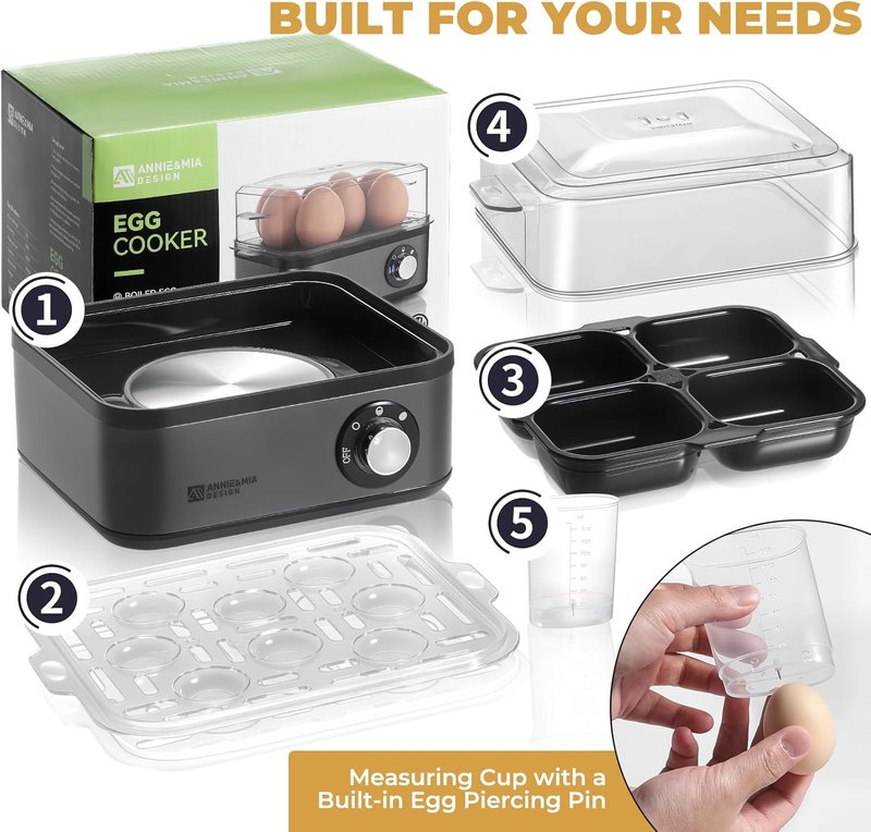 Annie & Mia Design Stainless Steel Electric Egg Cooker - 8 Egg Capacity, 500W, Auto Shut-Off & Recipe Guide (Black)