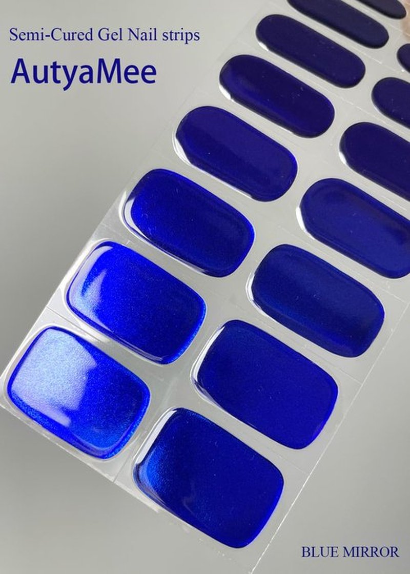 AutyaMee Semi Cured Gel Nail Strips (Blue Mirror), Chrome, 20 Pcs Gel Nail Wraps, Stickers, Salon Quality, Long Lasting, Works with Any UV Lamps