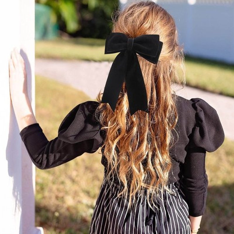 NCMAMA 4PCS Velvet Hair Bows for Girls, Black Hair Bow Clips Ponytail Long Ribbon Bows Hair Accessories for Women Girls Toddlers Infant (Black)