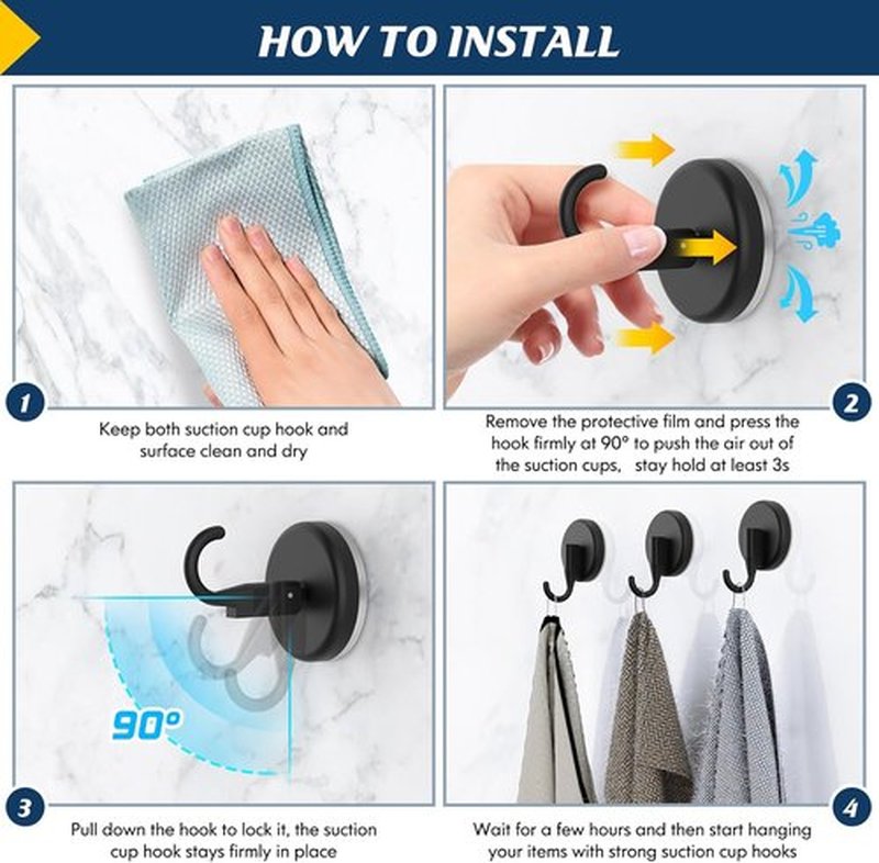 MOTAIPEAK Suction Cup Hooks - Versatile Shower Hooks for Glass, Tile, and Metal - Black (2 Pack)