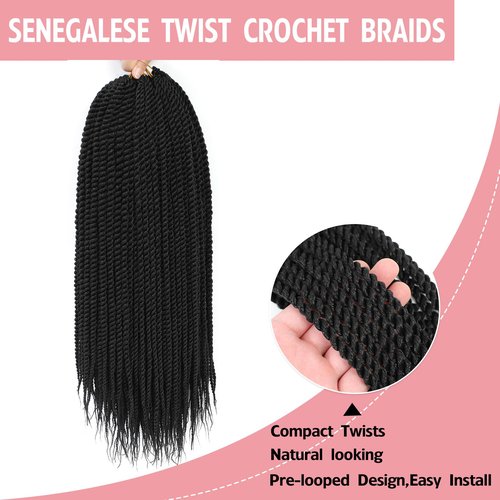 Senegalese Twist Crochet Hair-8 Packs 18 Inch Senegalese Twist Crochet Braids For Women, Black Pre Looped Pretwisted Crochet Braids, Synthetic Crochet Twist Hair (18in,1B#)