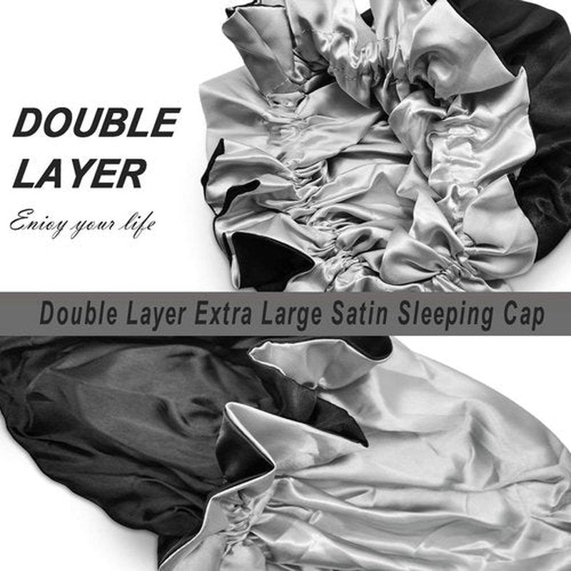 EXTRAPINS 2 PCS Double Layer Extra Large Satin Sleeping Cap,Silk Bonnets for Women,Satin Bonnet for Curly Hair with Elastic,for Women Girl(Black)