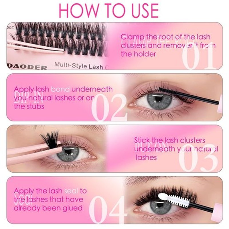 DAODER Thick Short DIY Lash Extension Kit 640pcs 50D 60D 80D 100D Mixed Volume 3D Cluster Eyelash Extensions Fluff D Curl Individual Lashes Clusters with Lash Remover Bond Seal 9-13mm