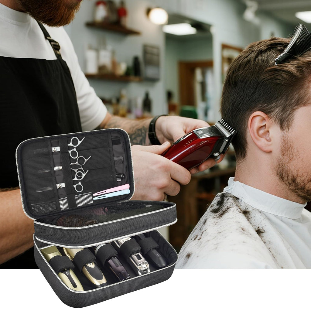 Steadtep Barber Clipper Organizer Bag, Double Layer Hair Clipper Case for Clippers, Guards, Scissors & Barber Supplies, Portable Travel Barber Bag with Transparent Guard Pockets (BLACK, LARGE)