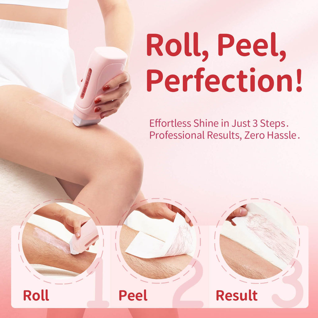 Waxfans Roll On Wax Kit, Wax Roller Kit, Waxing Kit for Women & Men,Cera Para Depilar for Home Hair Removal on Body and Legs, with 2 Wax Refills (Rose & Rose) & 50 Pcs Wax Strips, Easy & Painless