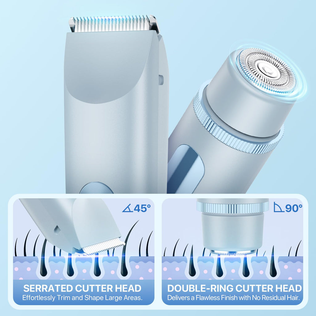 Bikini Trimmer for Women, Rechargeable 2-in-1 Electric Razor for Shower& Travel, IPX7 Waterproof Painless Hair Removal for Bikini Line, Legs, Underarms, Wet & Dry Hypoallergenic Ceramic Blade, Blue