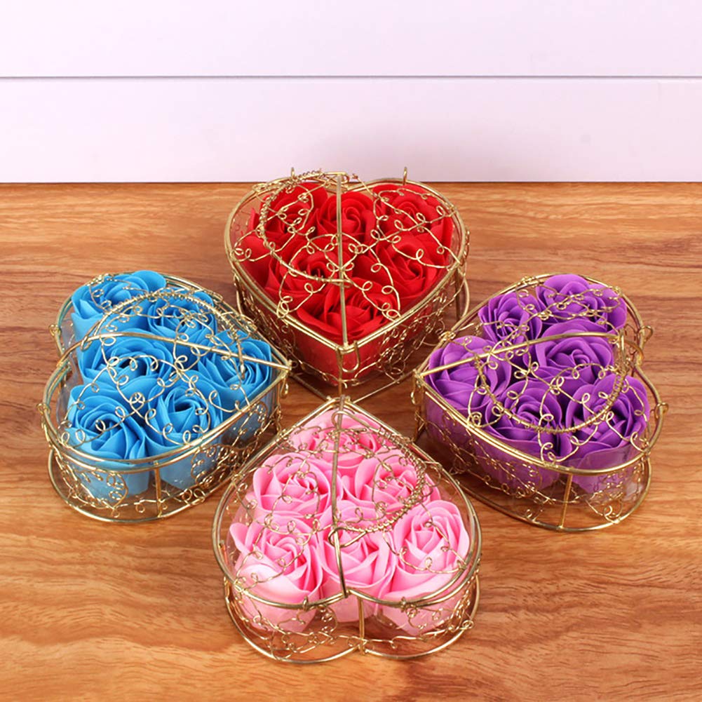 GSHLLO 6 PCS Flora Scented Bath Soap Rose Flower Petals Soap Gift with Metal Basket for Birthday Valentine Hot Pink
