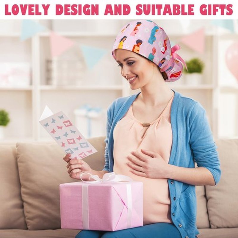 Jamntower 6 Pcs Labor and Delivery Scrub Caps with Sweatband Buttons Nursing Surgical Ponytail Bouffant Cap for Women Footprints Babies in Utero Pattern Adjustable Hat for Long Hair Midwife Obstetrics