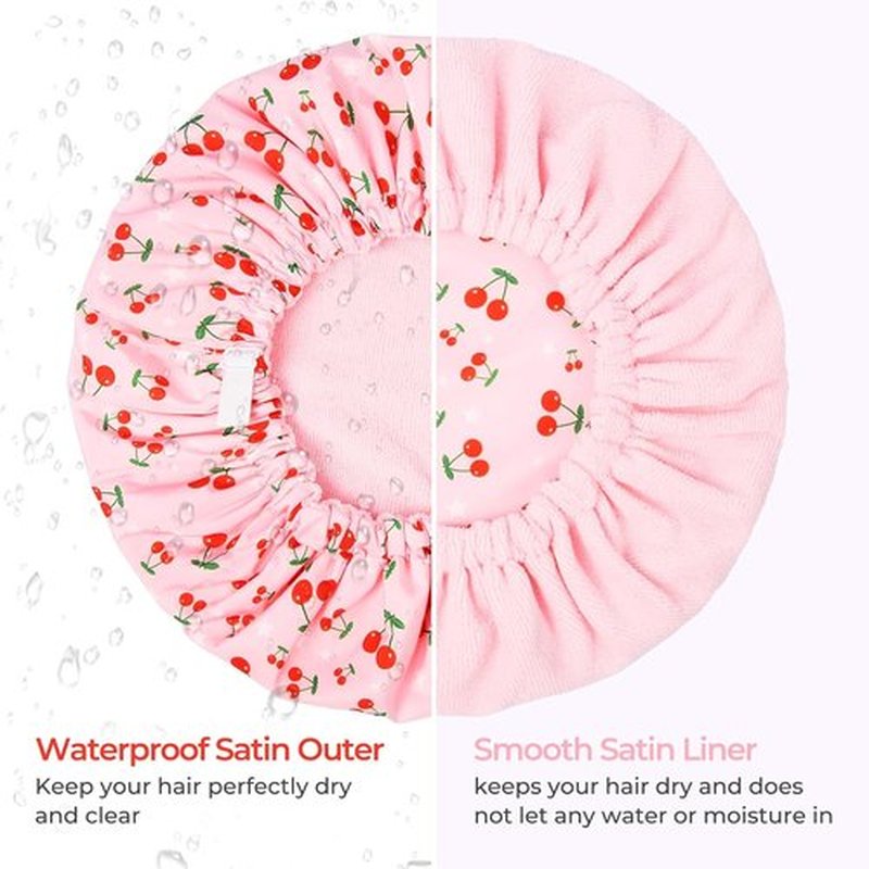 Skiennix Shower Cap - Terry Lined Waterproof Bath Cap for Long Thick Hair - Pink, Large Size