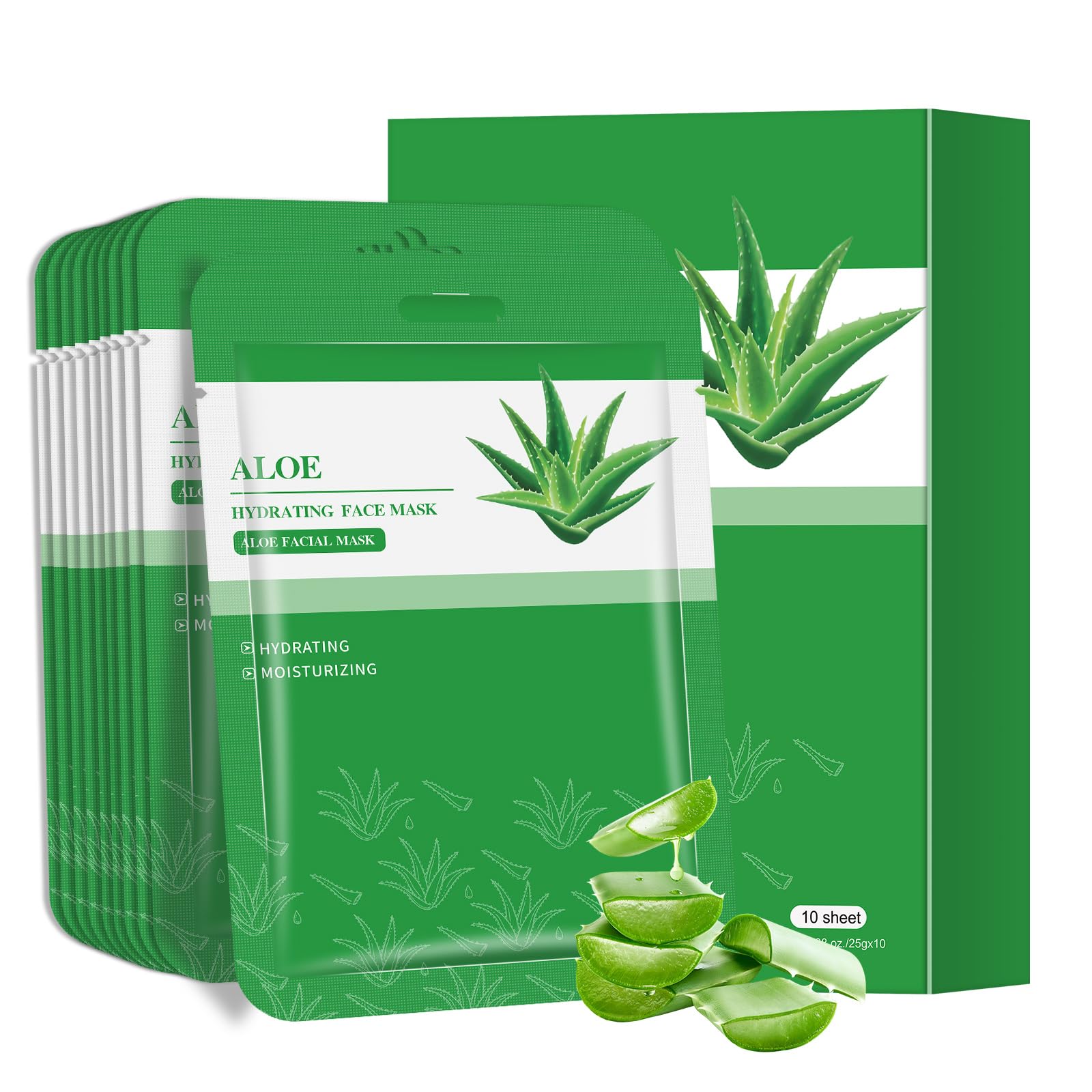 AOPEIBOTO Aloe Vera Face Mask Skincare, Hydrating Moisturizing Sheet Face Masks Pack with Hyaluronic Acid for Soothes & Moisturizes Skin, Pack of 10