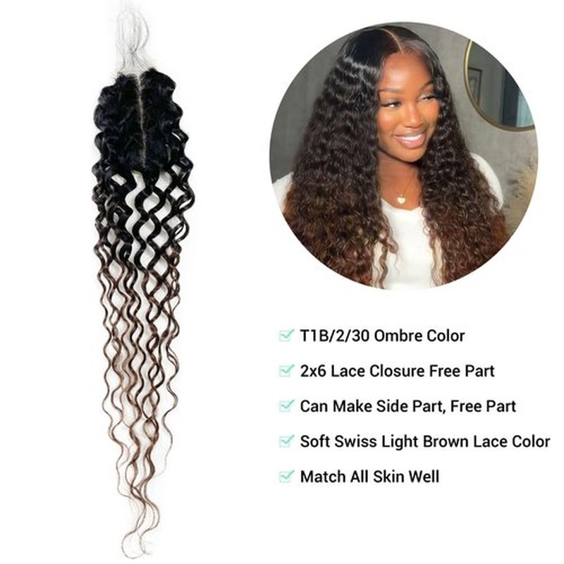 T1B/2/30 Ombre Water Wave HD Closure 12A 2x6 Transparent Color Swiss Lace Closure Brazilian Wet and Wavy Closure Unprocessed Virgin Human Hair Dark Roots 3 Tone 1B/2/30 Wavy Human Hair 18 Inch