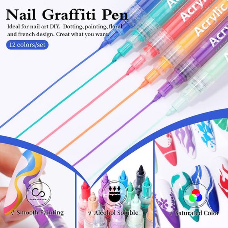 12 Colors Nail Art Pens Set, Halloween Colors Acrylic Paint Pens Fine Tip Nail Pens for 3D Nail Art, Nail Point Graffiti Dotting Pen Line Drawing Painting, Flower Patterns Design, DIY Manicure Tools