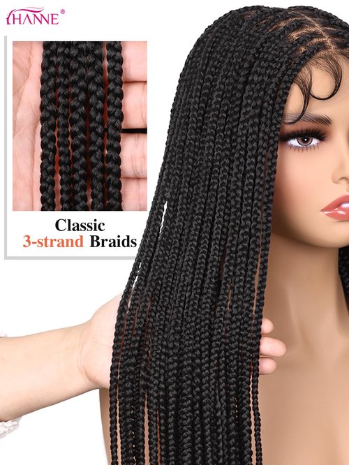 HANNE Real Full Lace Braided Wigs for Black Women 34 Inch Knotless Braided Wigs with Baby Hair 100% Handmade HD Lace Synthetic Box Braid Wig (Natural Black)
