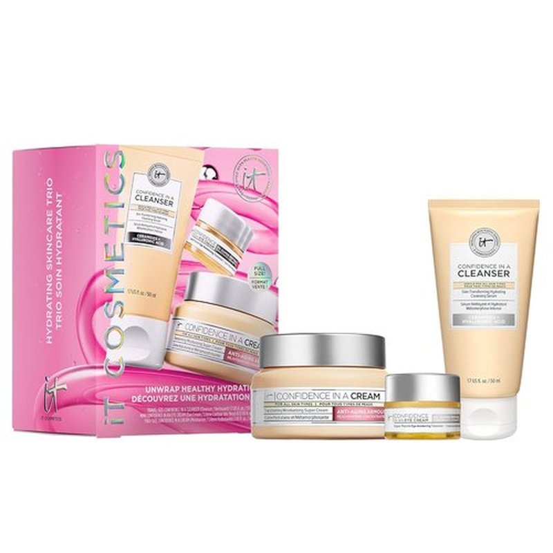 IT Cosmetics Unwrap Healthy Hydration Anti-Aging Skincare Set | 3-Pc Holiday Gift Set for Her - Includes Confidence in a Cream Moisturizer, Gentle Cleanser & Smoothing Eye Cream
