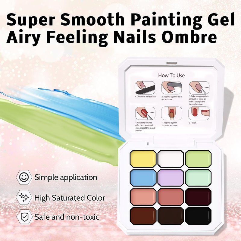 Woobena 12 Colors Pat Paint Nail Gel, Sponge Pat Gel Ombre Gradient Gel Nail Blush Blooming Aura Nails Drawing Stripper Floral Painting DIY Nail Art, No Wipe, UV/LED Curing