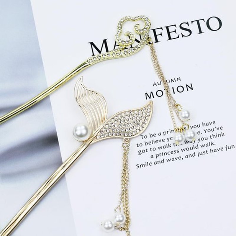 inSowni 8 Pieces Vintage Retro Asian Chinese Hanfu Gold Metal Hair Sticks Pins with Pearl Pendants Bamboo Leaf Flower Fishtail Hair Chopsticks Forks Bun Updo Holders Long Hairpins for Women Girls